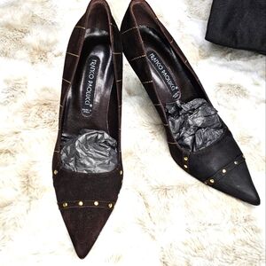 Franco Paolucci pointed toe suede brown/ gold accents, square heel Sz‎ 39